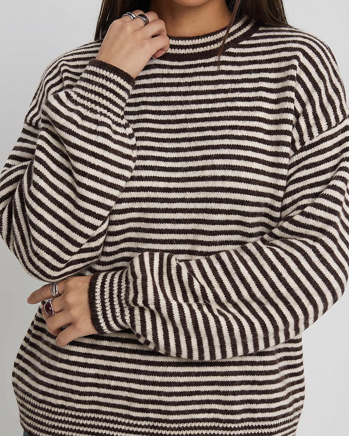 QINSEN Women's Crewneck Oversized Sweater Striped Long Sleeve Pullover Top