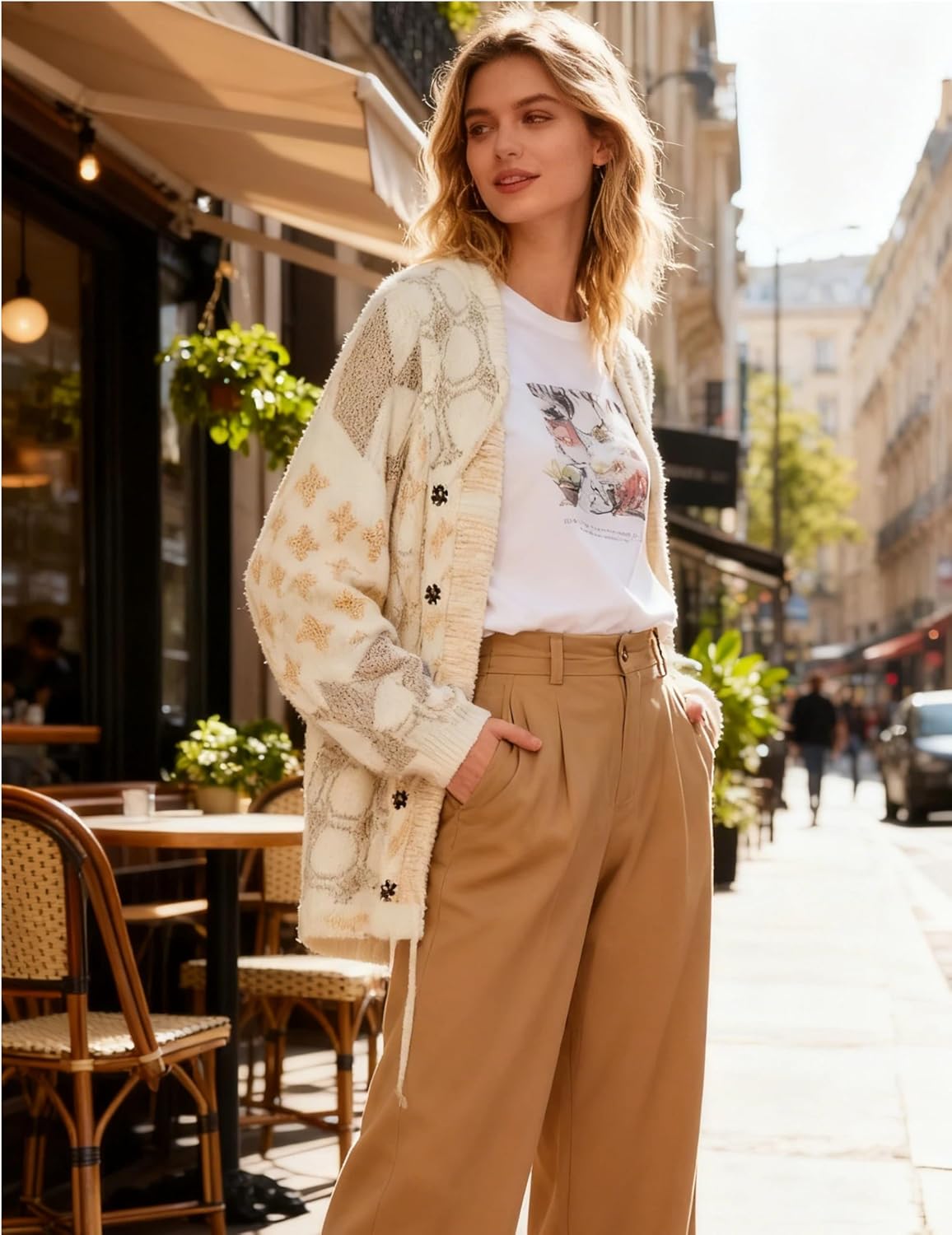 SKIKYAN Women Fall Sweater Cardigans Graphic Button Down Collar Knitwear Long Sleeve Oversized Y2K Print Coats