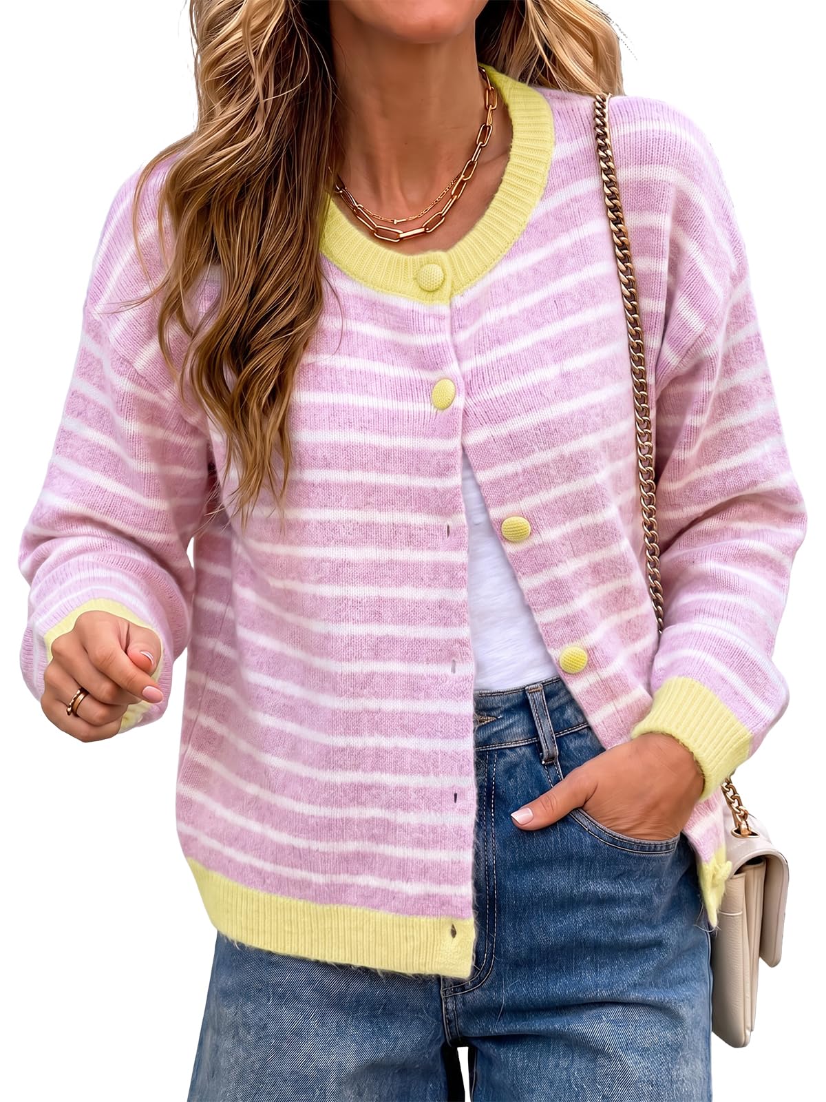 Cicy Bell Women Striped Cardigan Sweater Button Down Crewneck Knitwear
