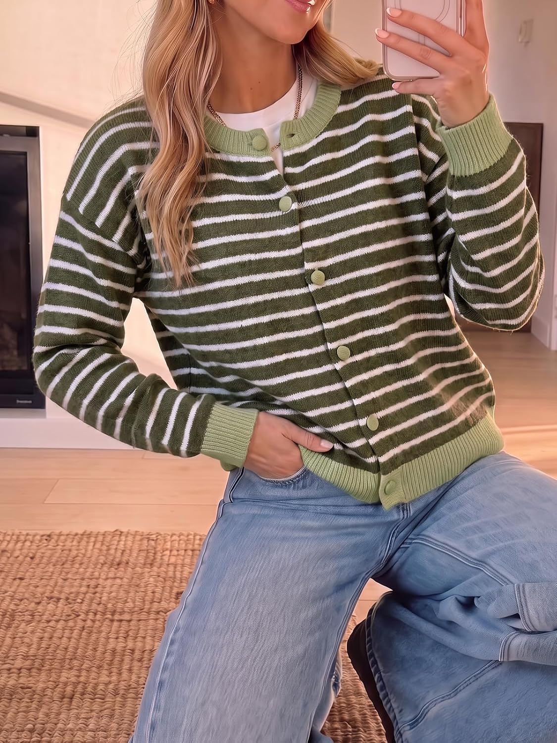 Cicy Bell Women Striped Cardigan Sweater Button Down Crewneck Knitwear
