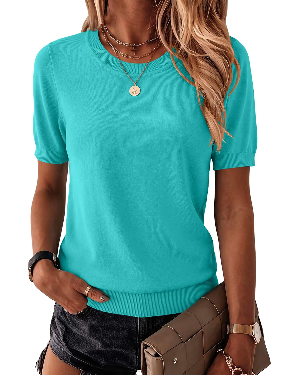 Zeagoo Womens Tops Short Sleeve Sweater Crewneck Basic Fashion Clothing