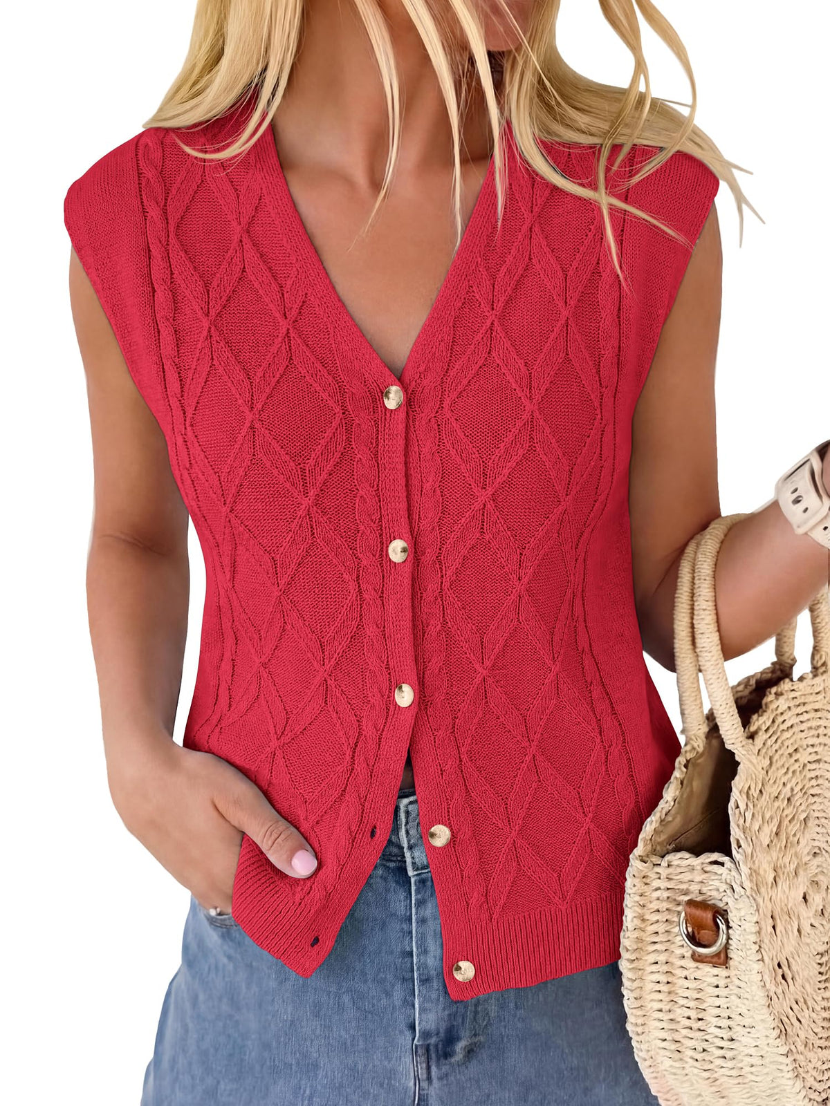 BTFBM Vest Tops for Women Summer V Neck Button Loose Lightweight Cardigan Knit Cap Sleeve Sweater Vests Fashion Clothing
