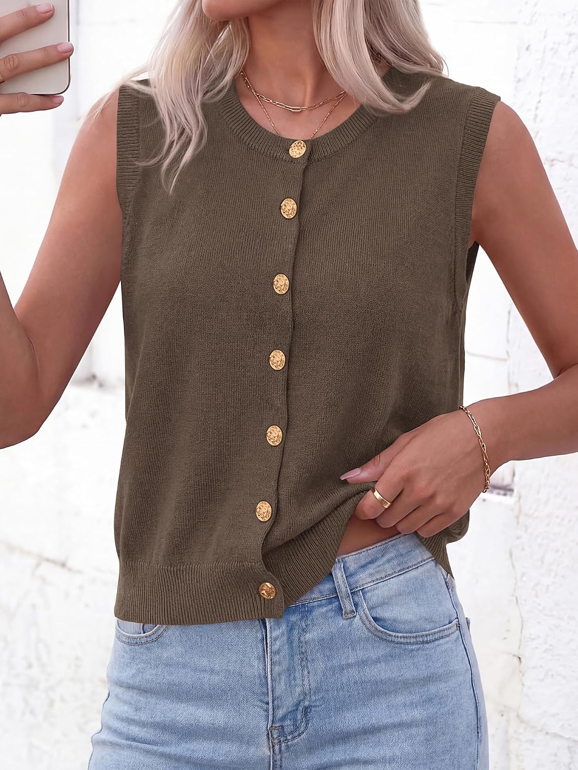 BTFBM Sweater Vest Women Casual Crewneck Loose Button Down Knit Sleeveless Cardigan 2026 Spring Clothes Summer Vest Tops