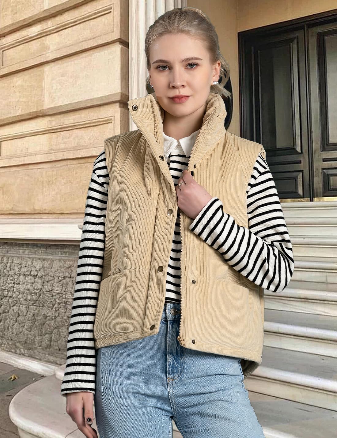 Womens Corduroy Puffer Vest Stand Collar Zip Snap Button Sleeveless Warm Waistcoat Padded Gilet