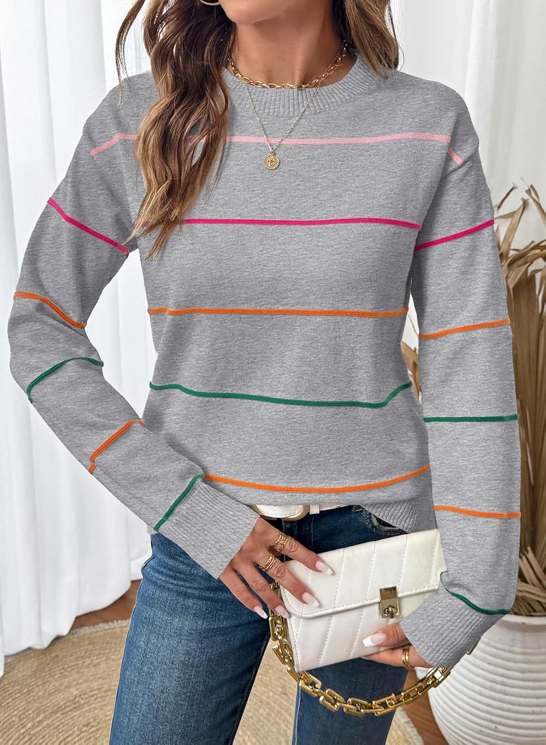SHEWIN Womens Sweaters Crew Neck Knit Long Sleeve Striped Sweater Fall Outfits for Women 2026