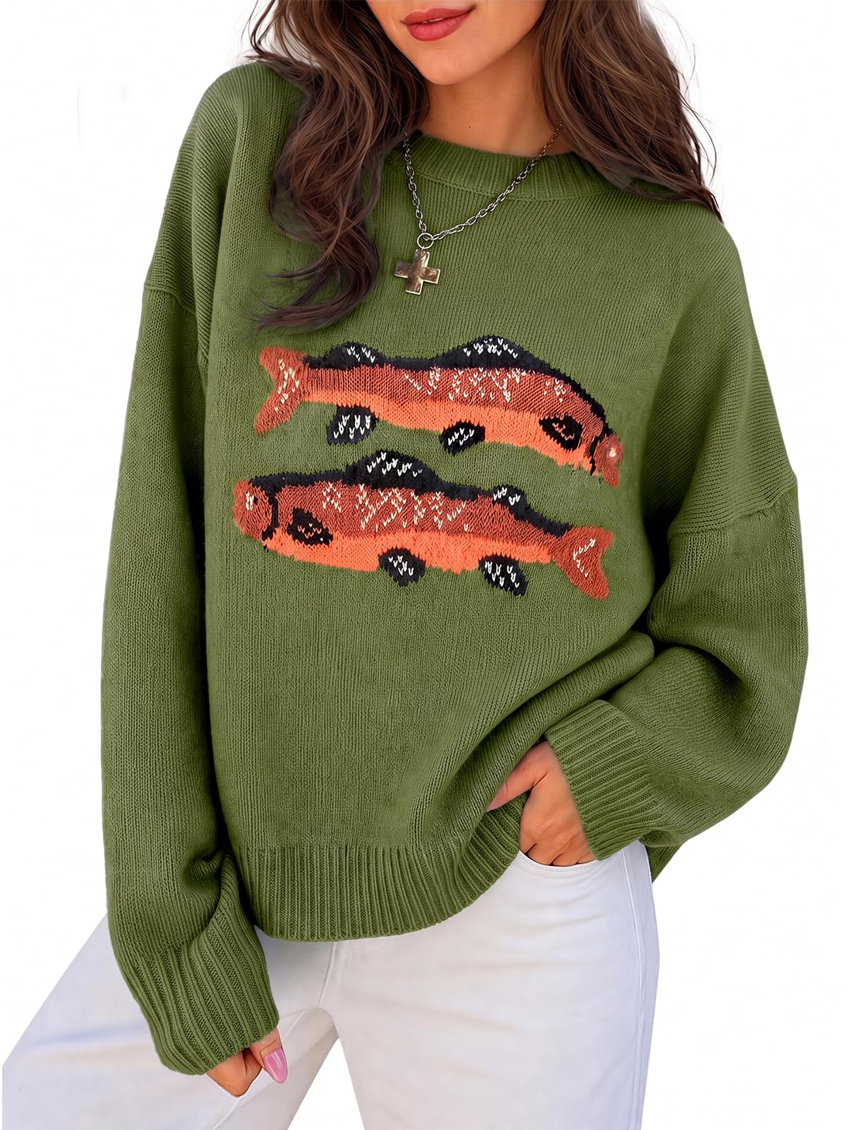 Flowyair Womens Fish Graphic Sweater Long Sleeve Knit Crew Neck Pullover