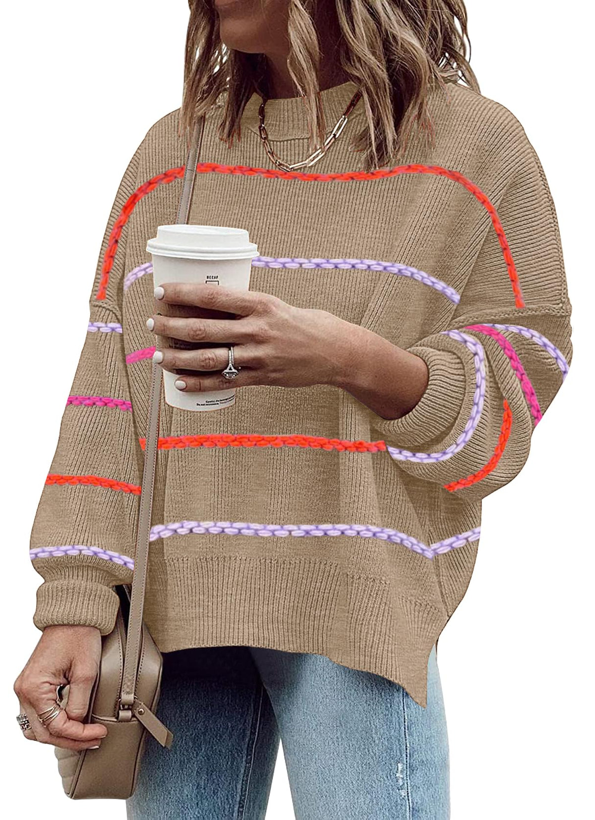 Womens Oversized Sweaters Fall Fashion Side Slit Ribbed Pullover Sweater