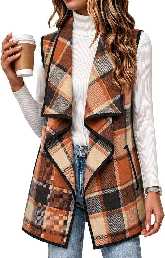 Zeagoo Women Vest Long Plaid Jackets Sleeveless Flannel Coats with Pockets