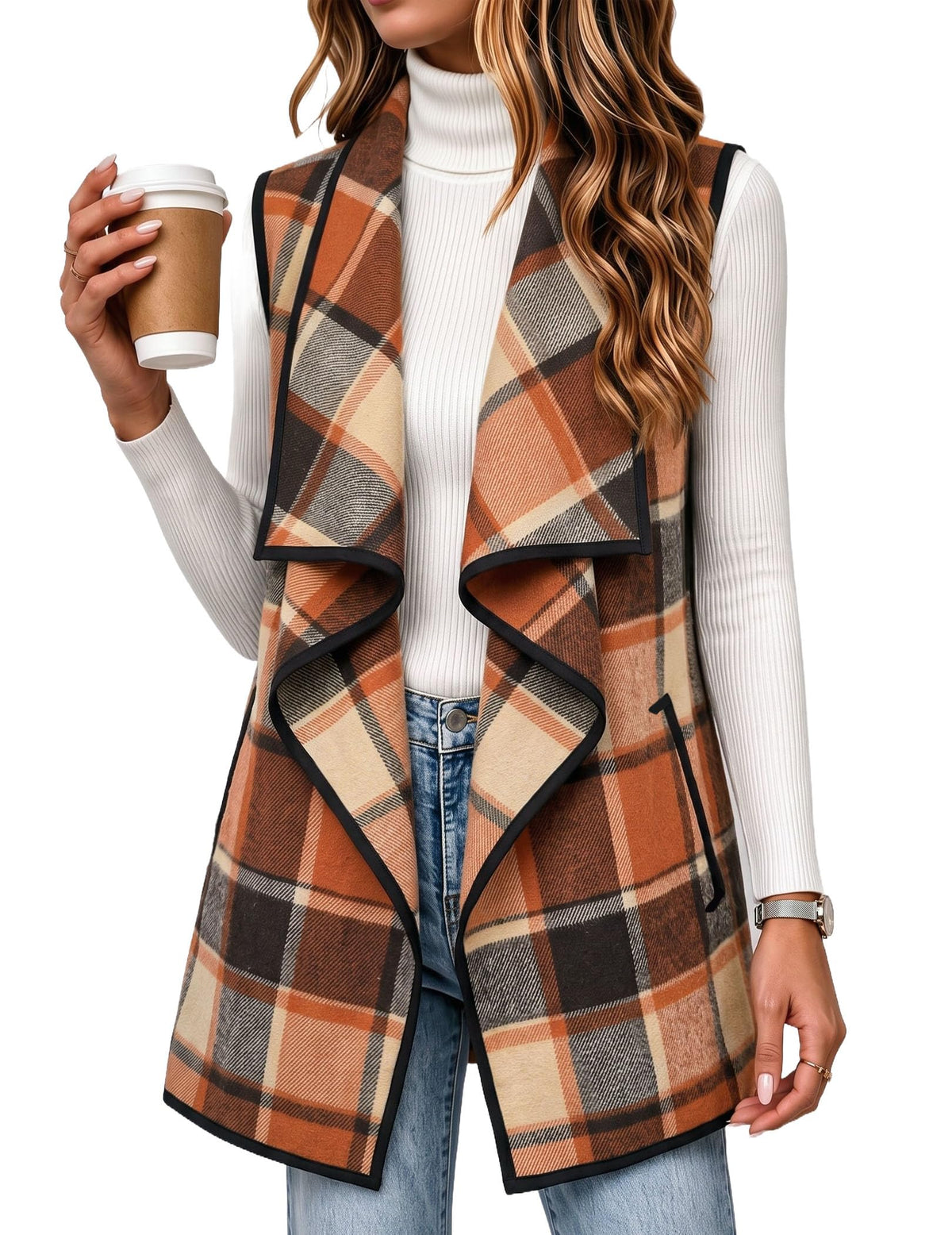 Zeagoo Women Vest Long Plaid Jackets Sleeveless Flannel Coats with Pockets