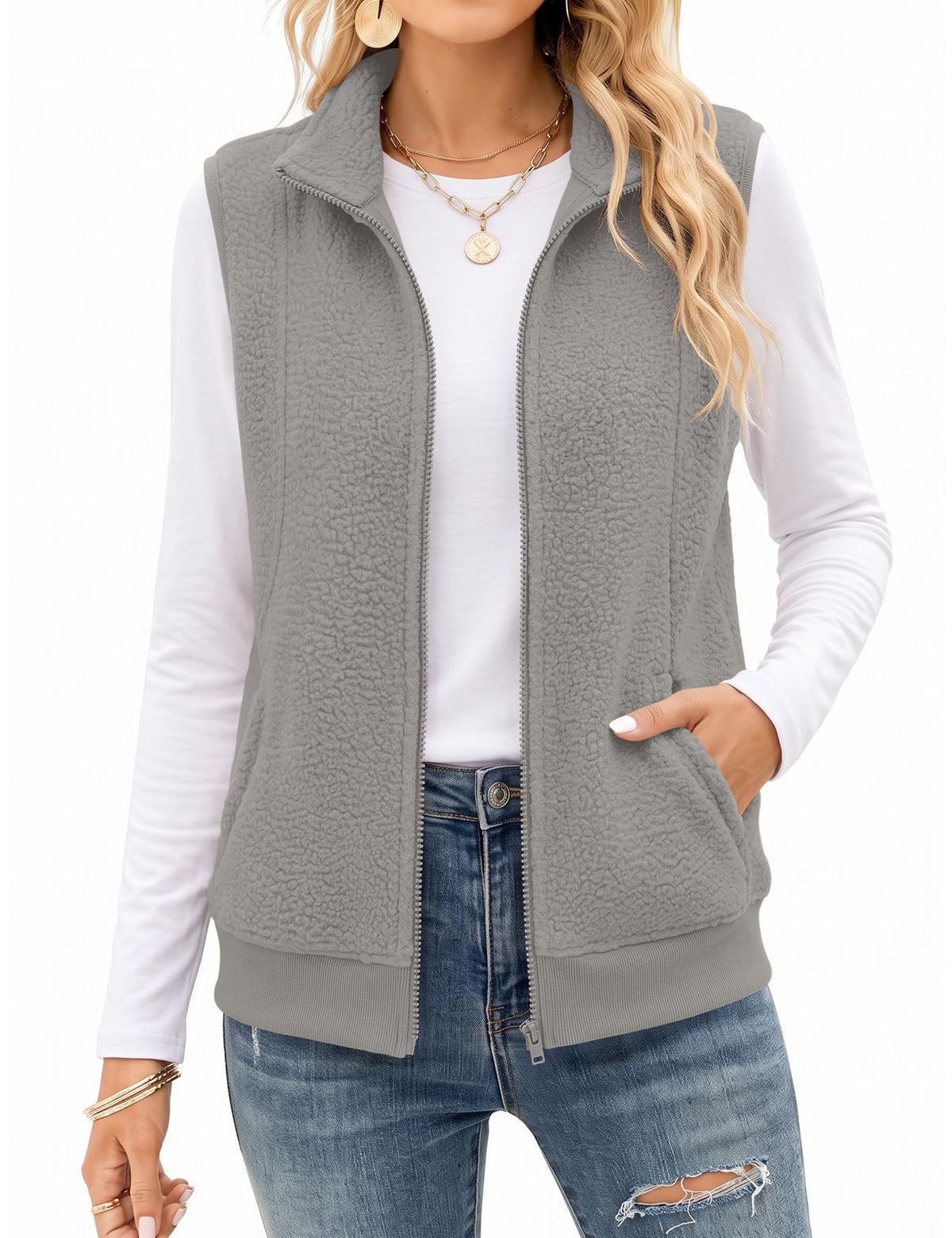 AKEWEI Womens Sherpa Fleece Vest Trendy Warm Sleeveless Vests Jacket
