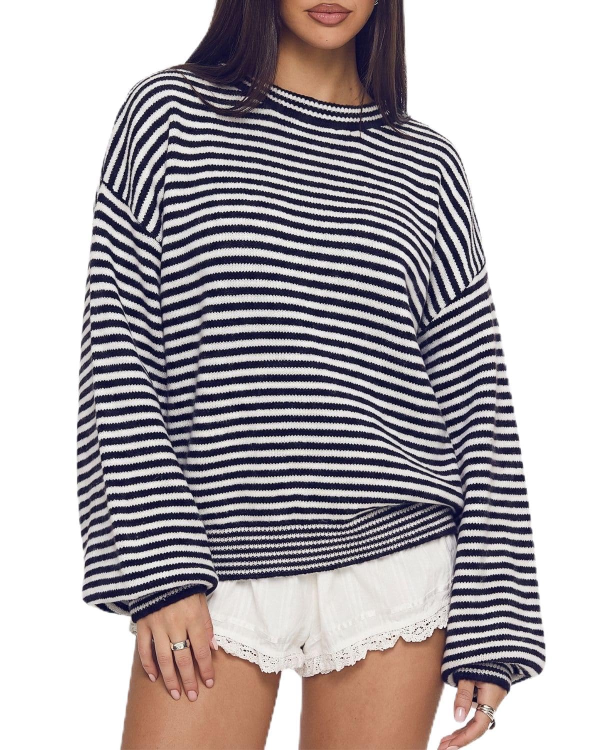 QINSEN Women's Crewneck Oversized Sweater Striped Long Sleeve Pullover Top