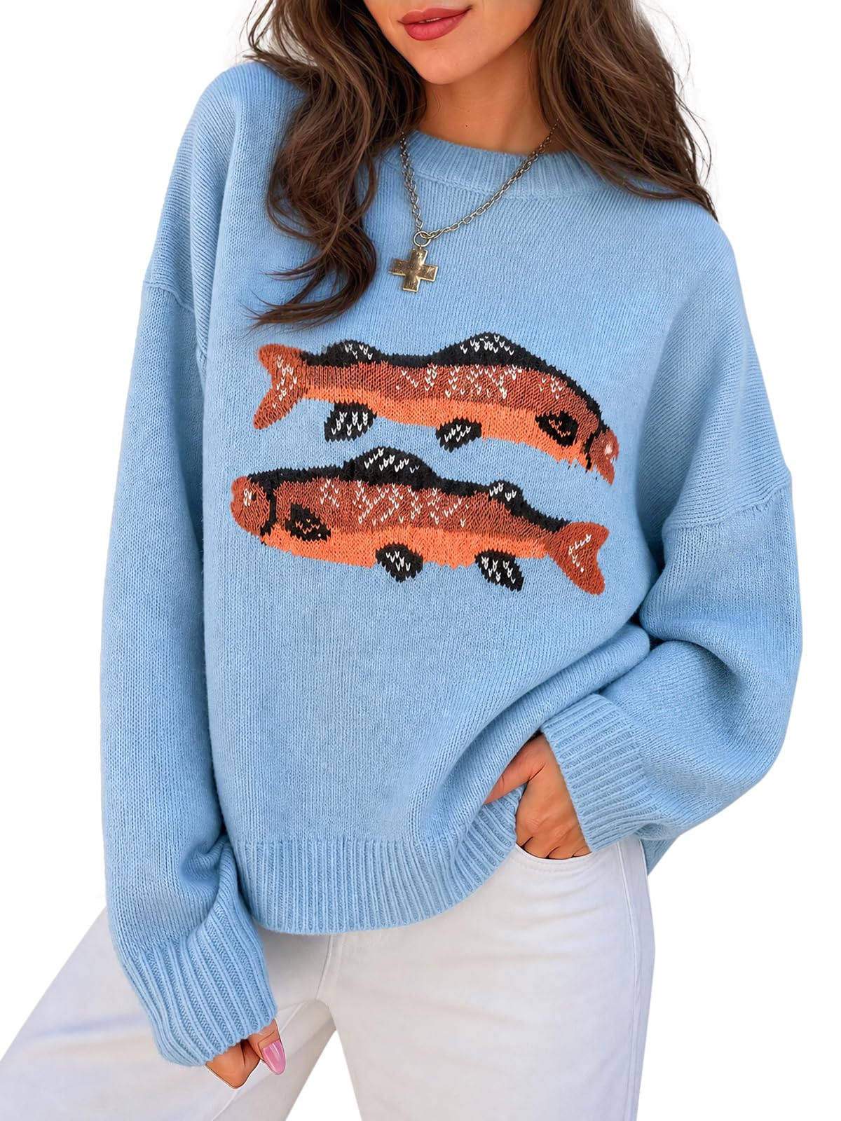 Flowyair Womens Fish Graphic Sweater Long Sleeve Knit Crew Neck Pullover