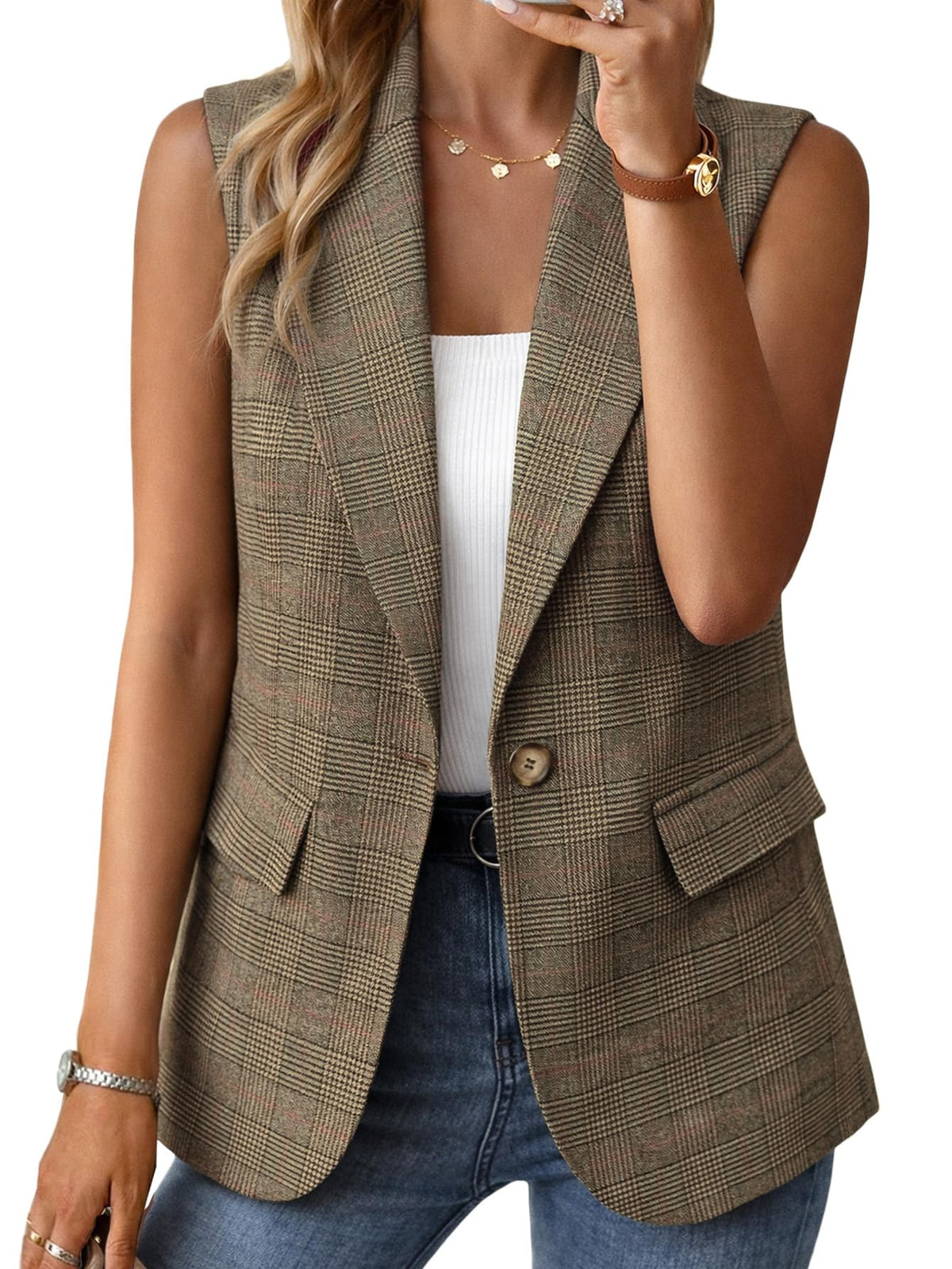 Mina Self Women's Sleeveless Vest Tops Open Front Lightweight Blazer Jacket