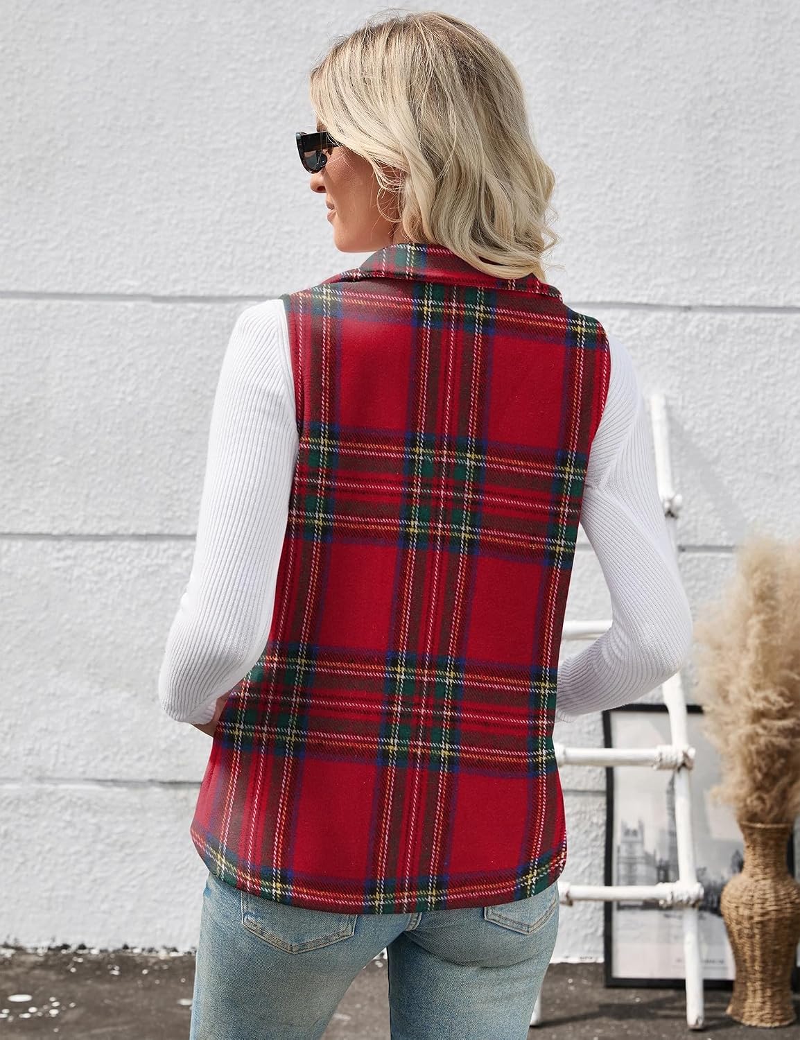 Rapbin Women's Plaid Outerwear Vests Tops Zip Up Collared Sleeveless Jacket with Pockects