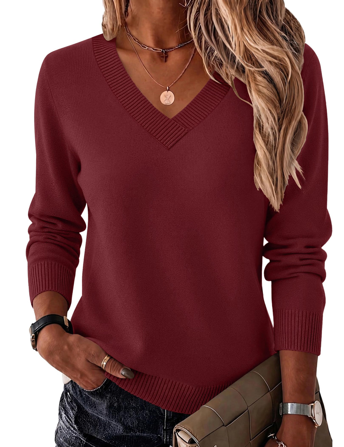 Zeagoo Womens V Neck Sweaters Long Sleeve Tops Lightweight Fall Clothes