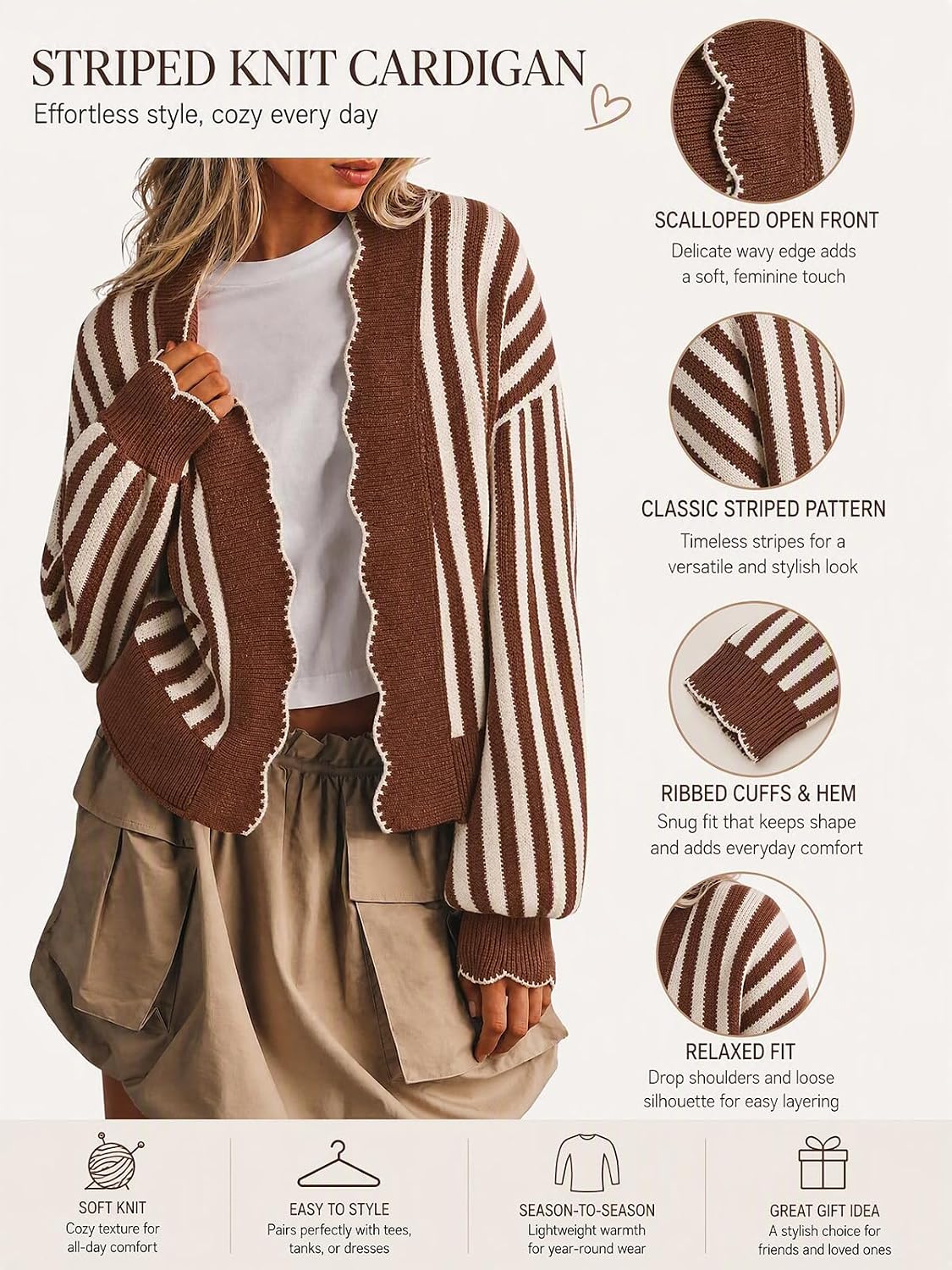 Flowyair Women's Striped Cardigan Sweater Open Front Ruffle Long Sleeve
