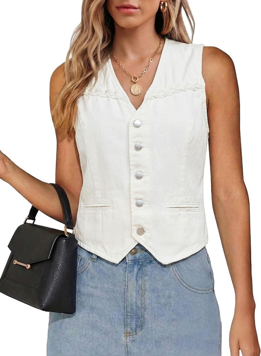 luvamia Denim Vest Women Trendy Button Down Braided Adjustable Waist Western Casual Sleeveless Jean Waistcoat Vests Top