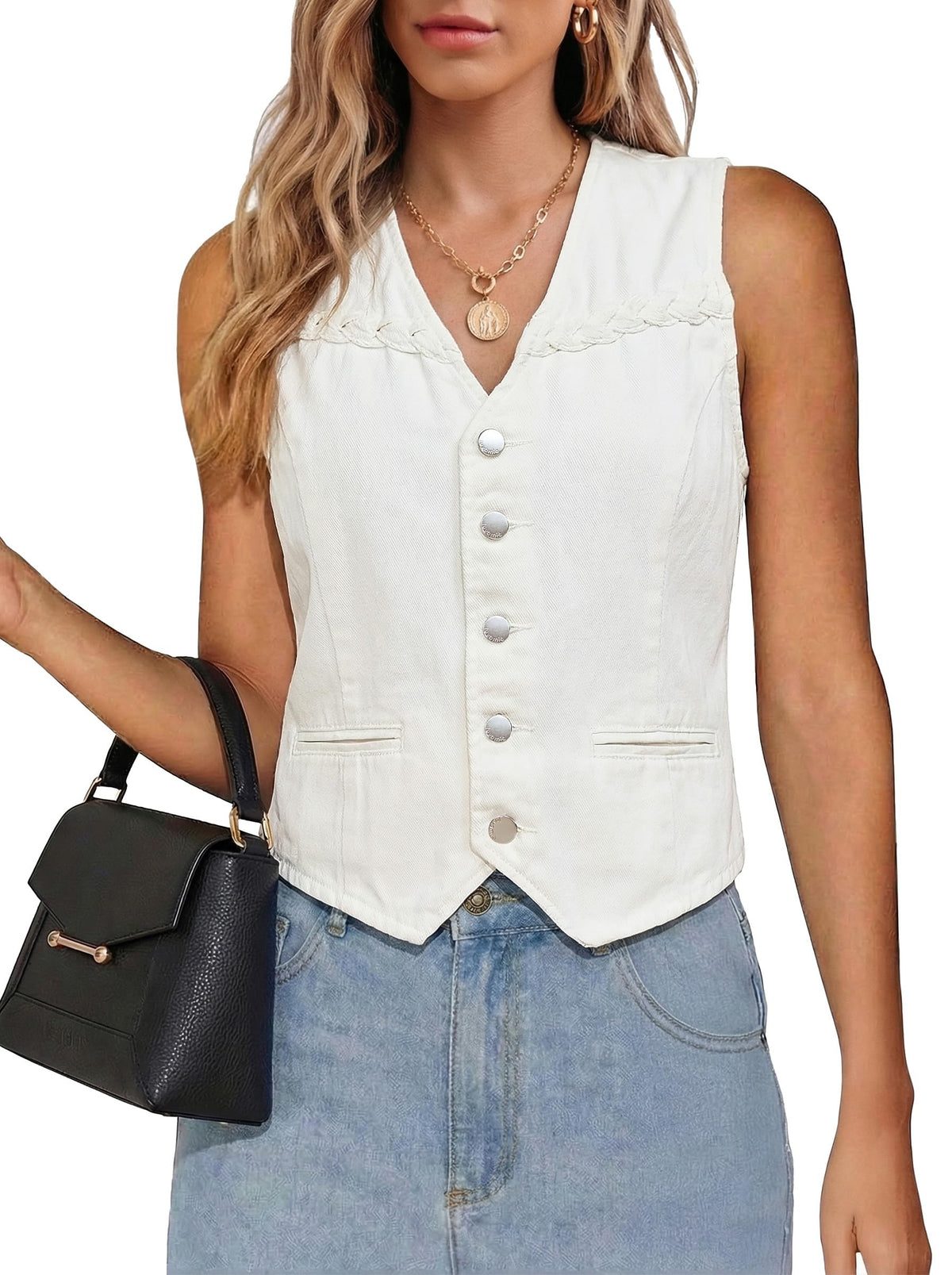 luvamia Denim Vest Women Trendy Button Down Braided Adjustable Waist Western Casual Sleeveless Jean Waistcoat Vests Top