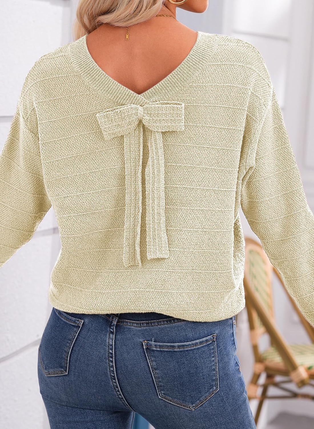 EVALESS Womens Bow Sweaters Pullover Knit Tops Fall Outfits
