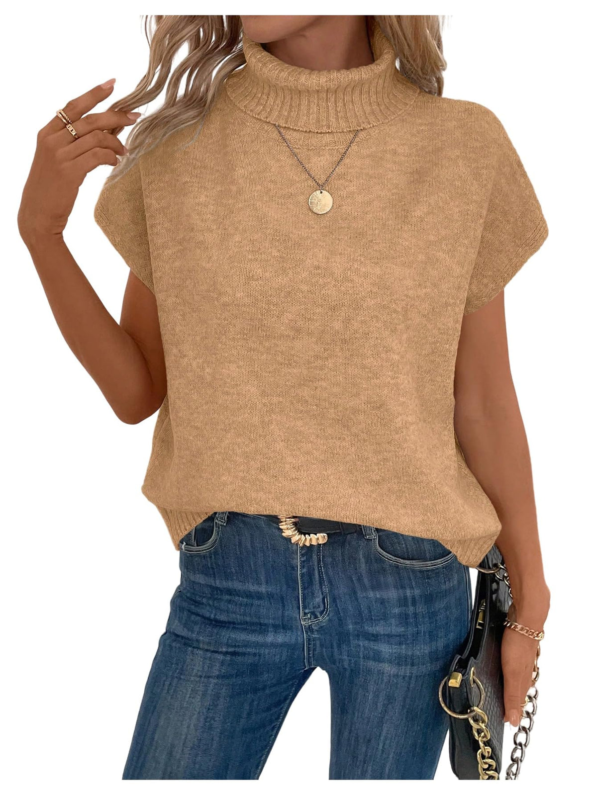 WDIRARA Women's Turtleneck Cap Sleeve Sweater Vest Pullover Knitted Top Loose Oversized Knitwear