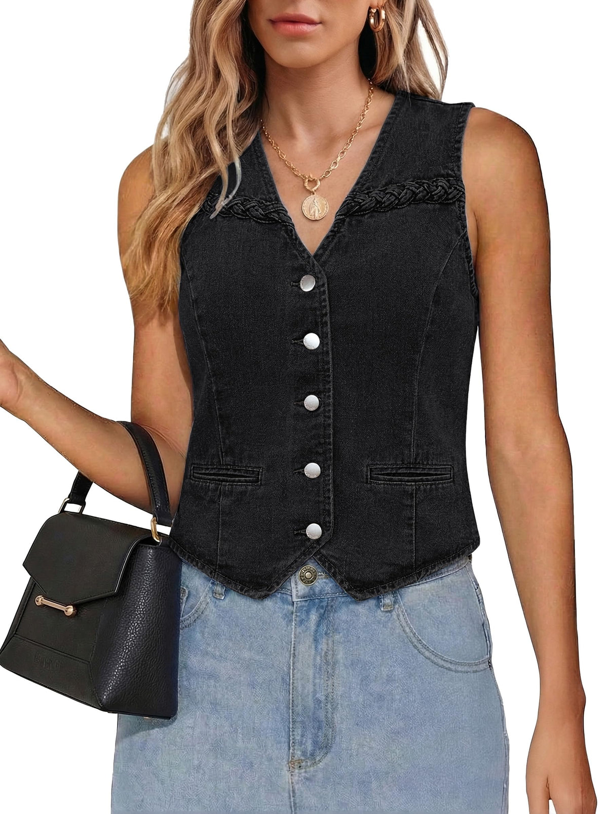 luvamia Denim Vest Women Trendy Button Down Braided Adjustable Waist Western Casual Sleeveless Jean Waistcoat Vests Top