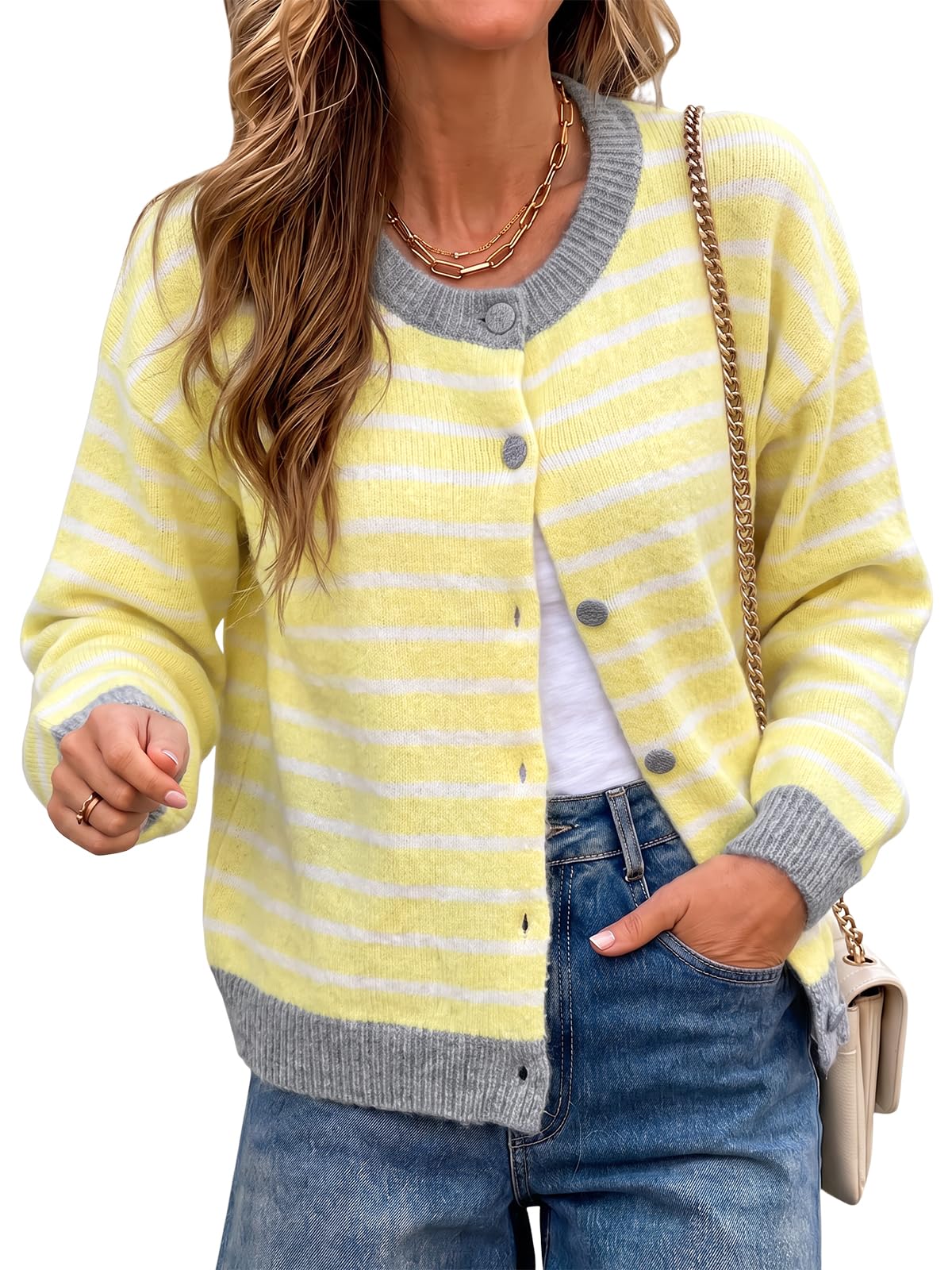 Cicy Bell Women Striped Cardigan Sweater Button Down Crewneck Knitwear