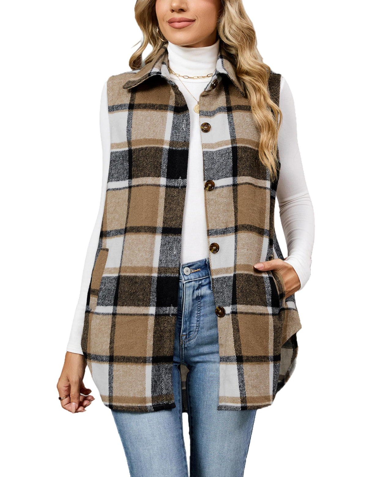 Tanming Women's Plaid Vest Fall Flannel Sleeveless Shacket