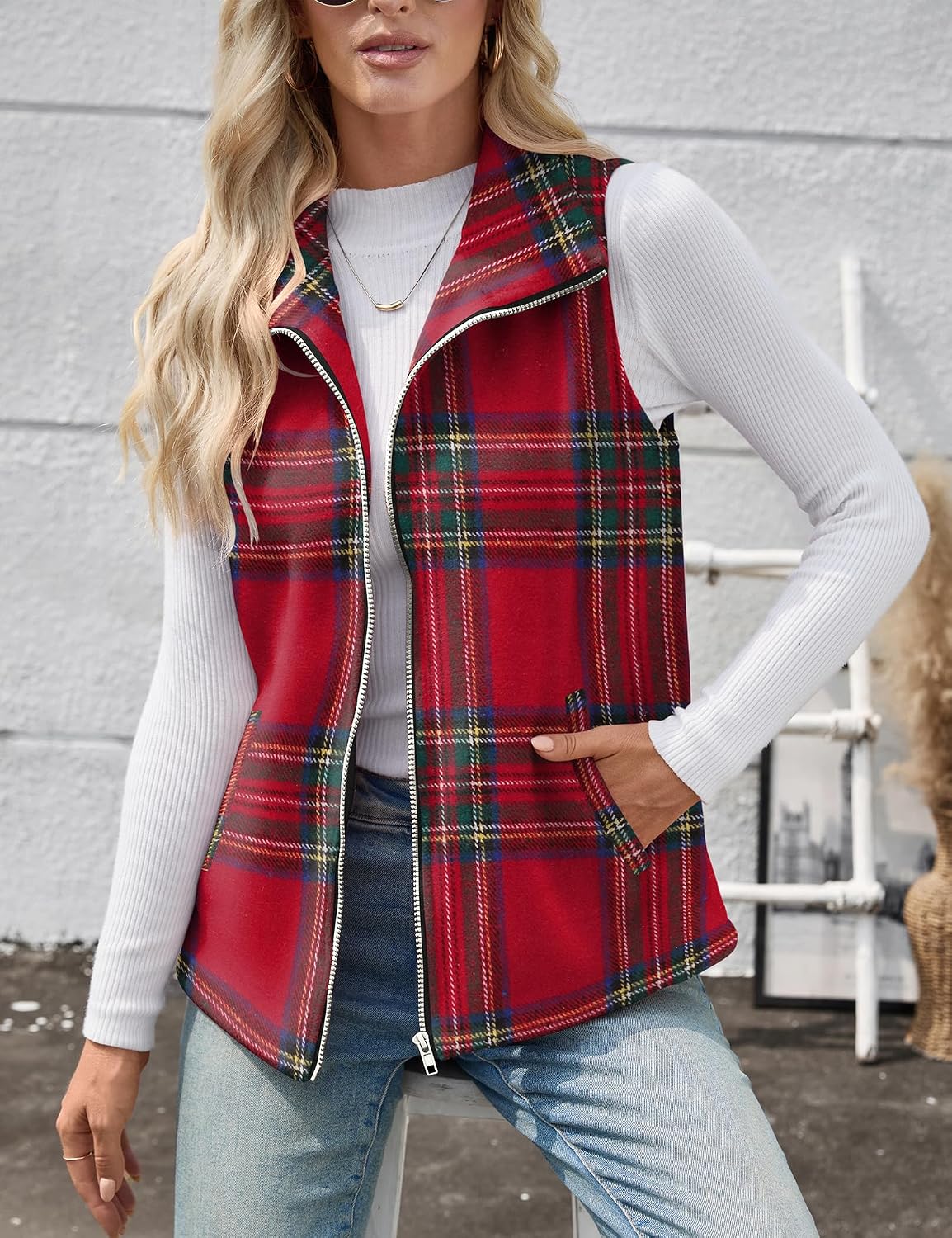 Rapbin Women's Plaid Outerwear Vests Tops Zip Up Collared Sleeveless Jacket with Pockects