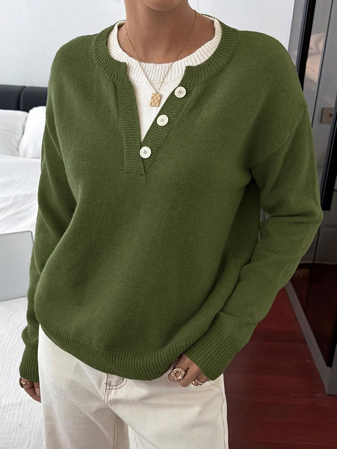 Womens Sweaters Casual Henley Neck Long Sleeve Pullover Tops 2026