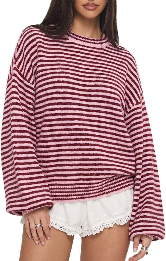 QINSEN Women's Crewneck Oversized Sweater Striped Long Sleeve Pullover Top