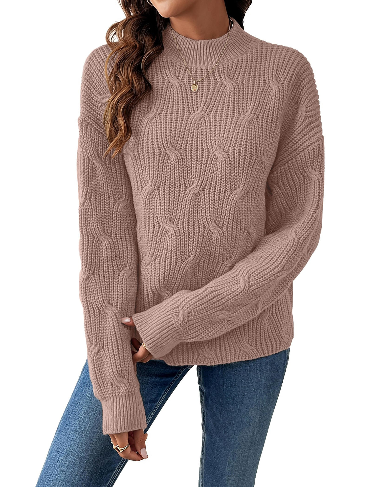 Womens Dressy Mockneck Cable Knit Long Sleeve Sweater Fall 2026 Oversized Chunky Ribbed Cuffs Knit Pullover