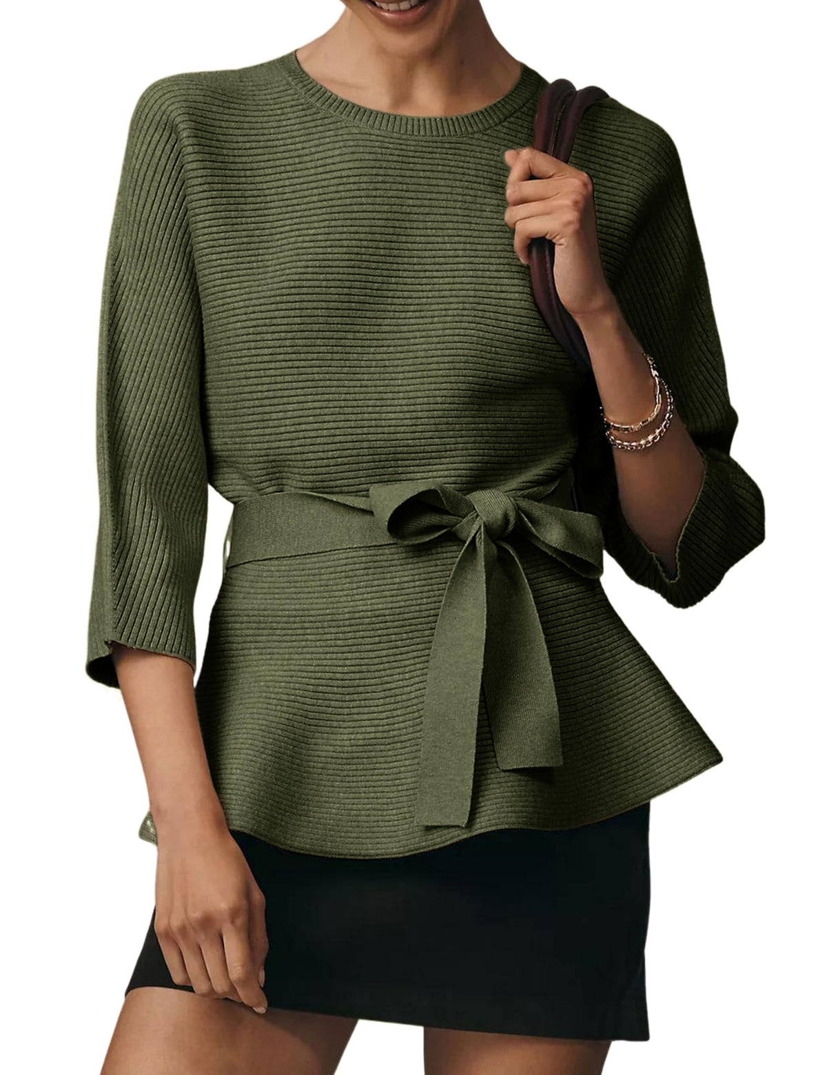 Yeokou Womens Ribbed Belted Sweater 3/4 Sleeve Crew Neck Pullover Tunic Top Spring Fall Casual Loose Fit Knitwear