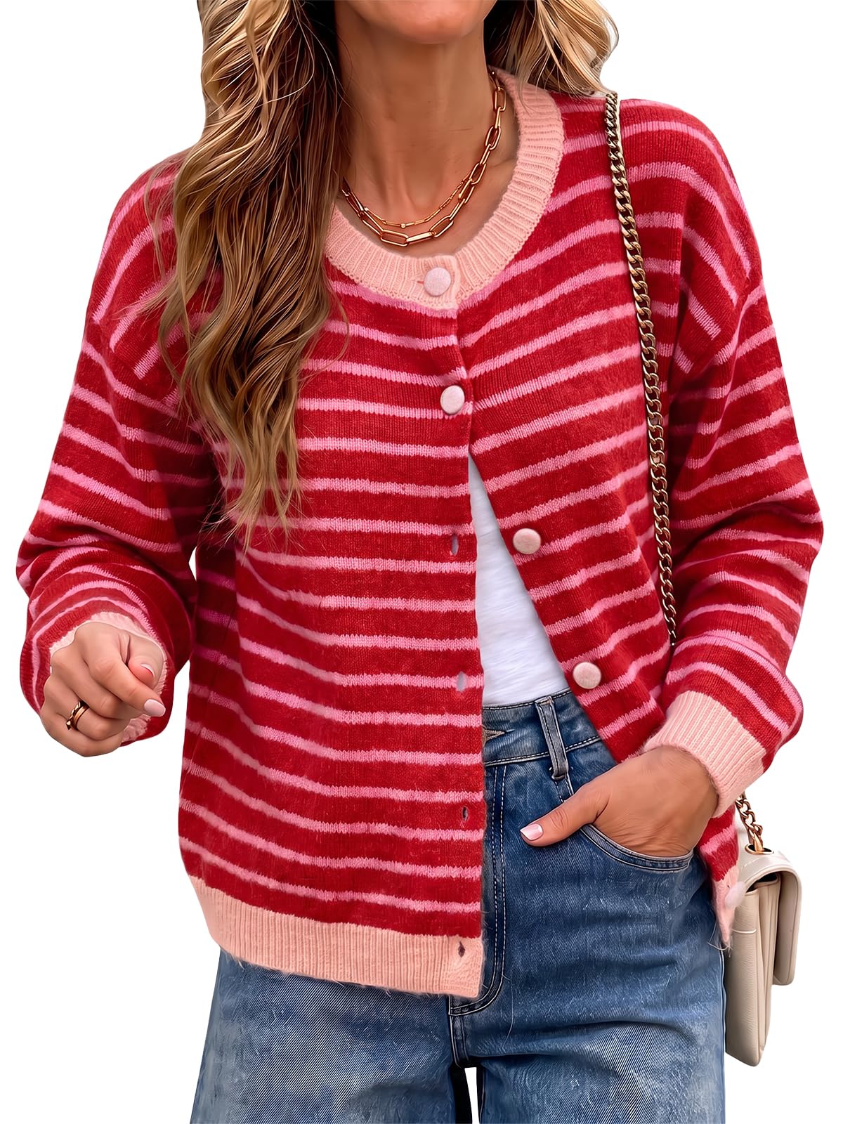 Cicy Bell Women Striped Cardigan Sweater Button Down Crewneck Knitwear