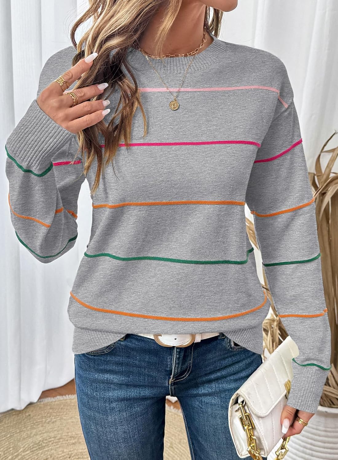 SHEWIN Womens Sweaters Crew Neck Knit Long Sleeve Striped Sweater Fall Outfits for Women 2026