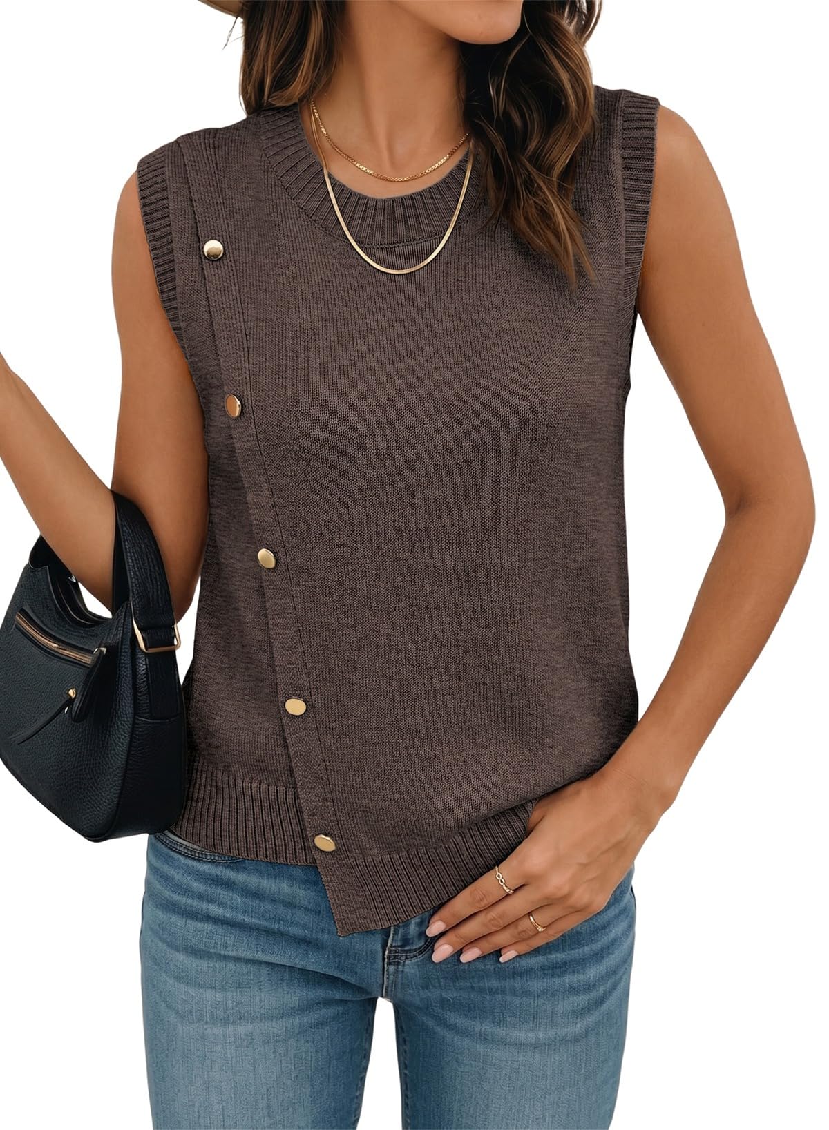 Pink Queen Women's Sleeveless Pullover Button Decor Knit Sweater Vest
