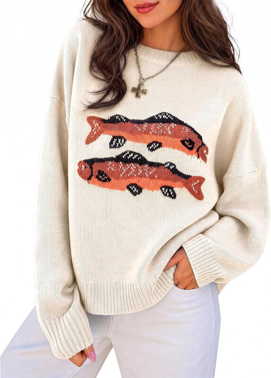Flowyair Womens Fish Graphic Sweater Long Sleeve Knit Crew Neck Pullover