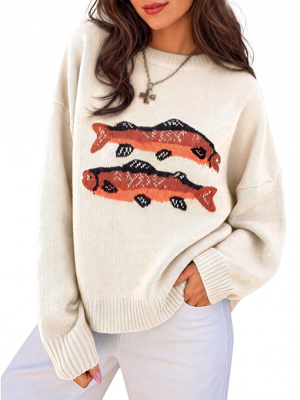 Flowyair Womens Fish Graphic Sweater Long Sleeve Knit Crew Neck Pullover