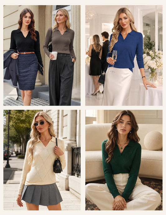 Kate Kasin Women Fall Pullover Sweaters Cozy, V Neck Knit Collared Polo Top