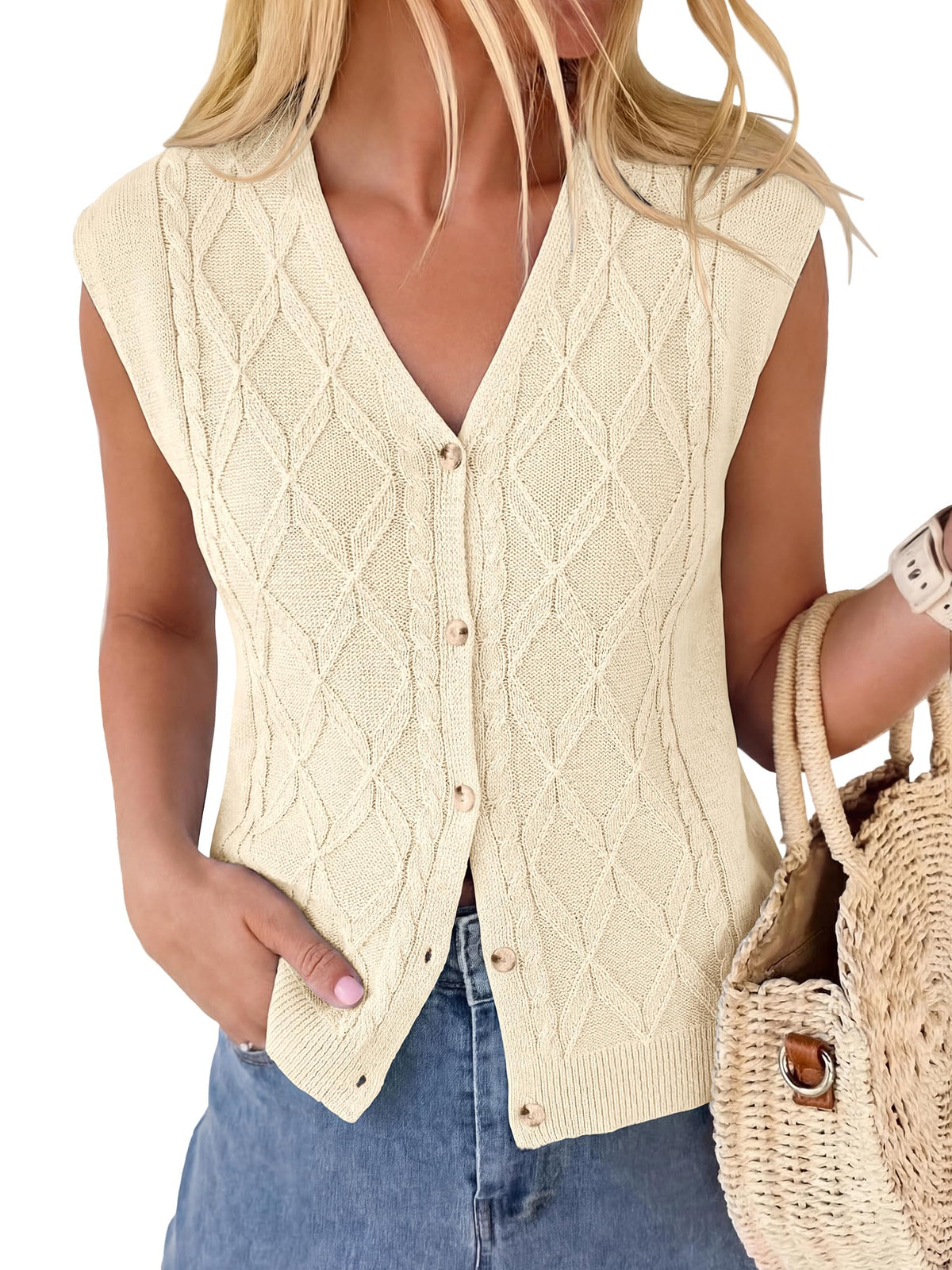 BTFBM Vest Tops for Women Summer V Neck Button Loose Lightweight Cardigan Knit Cap Sleeve Sweater Vests Fashion Clothing