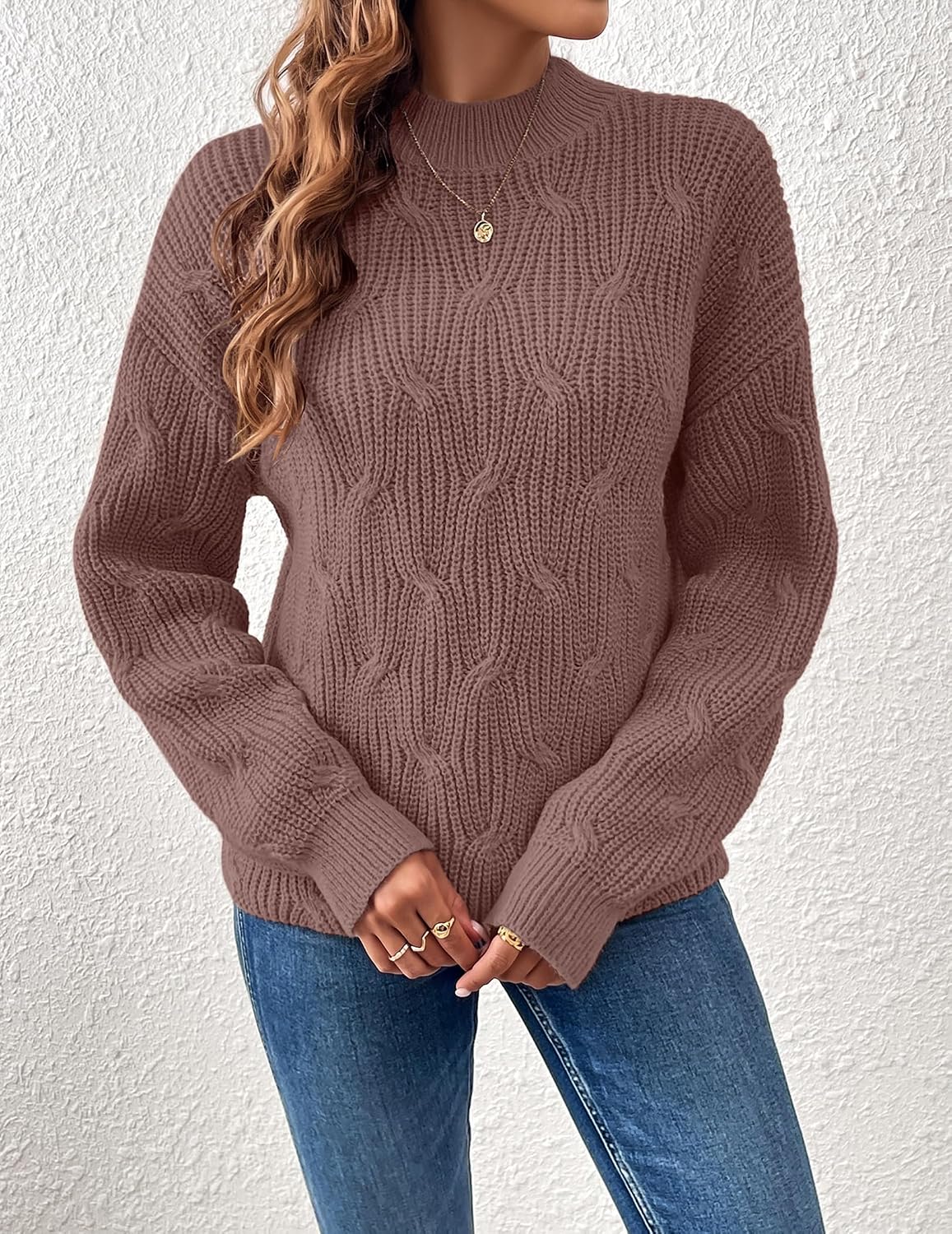 Womens Dressy Mockneck Cable Knit Long Sleeve Sweater Fall 2026 Oversized Chunky Ribbed Cuffs Knit Pullover