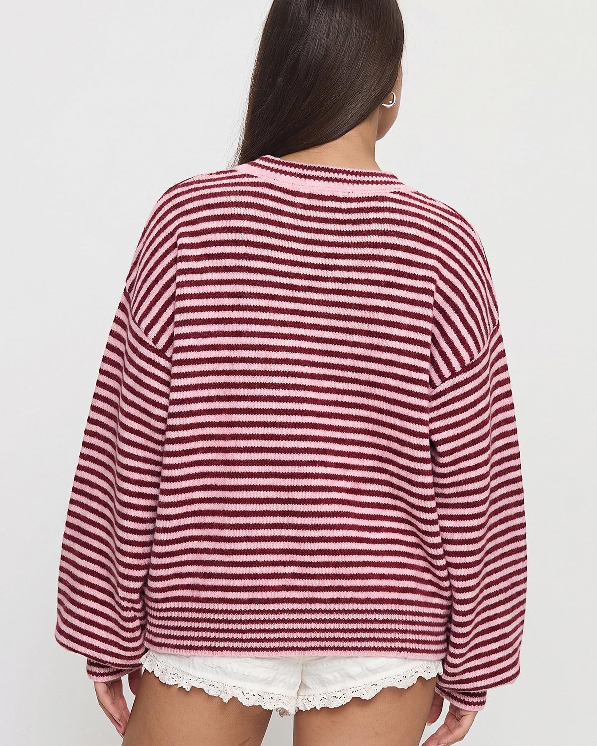QINSEN Women's Crewneck Oversized Sweater Striped Long Sleeve Pullover Top