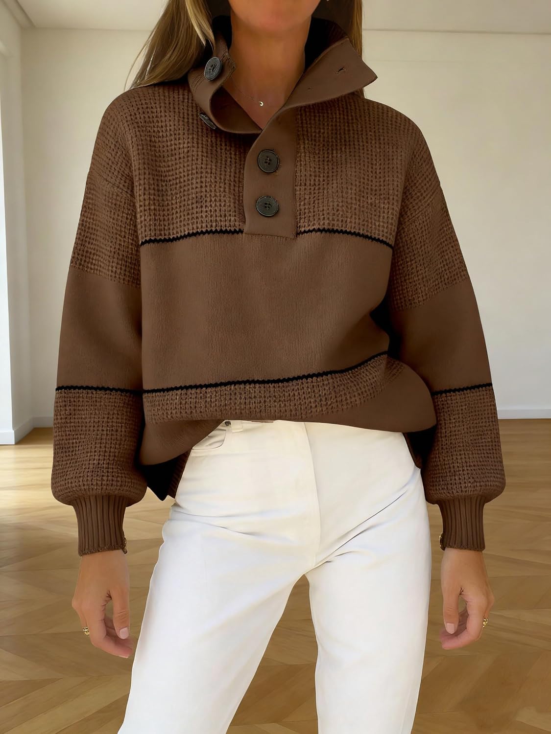 CHARTOU Women's Waffle Knit Knitwear Slouchy Striped Polo Collared Long Sleeve Pullover Sweater Tops