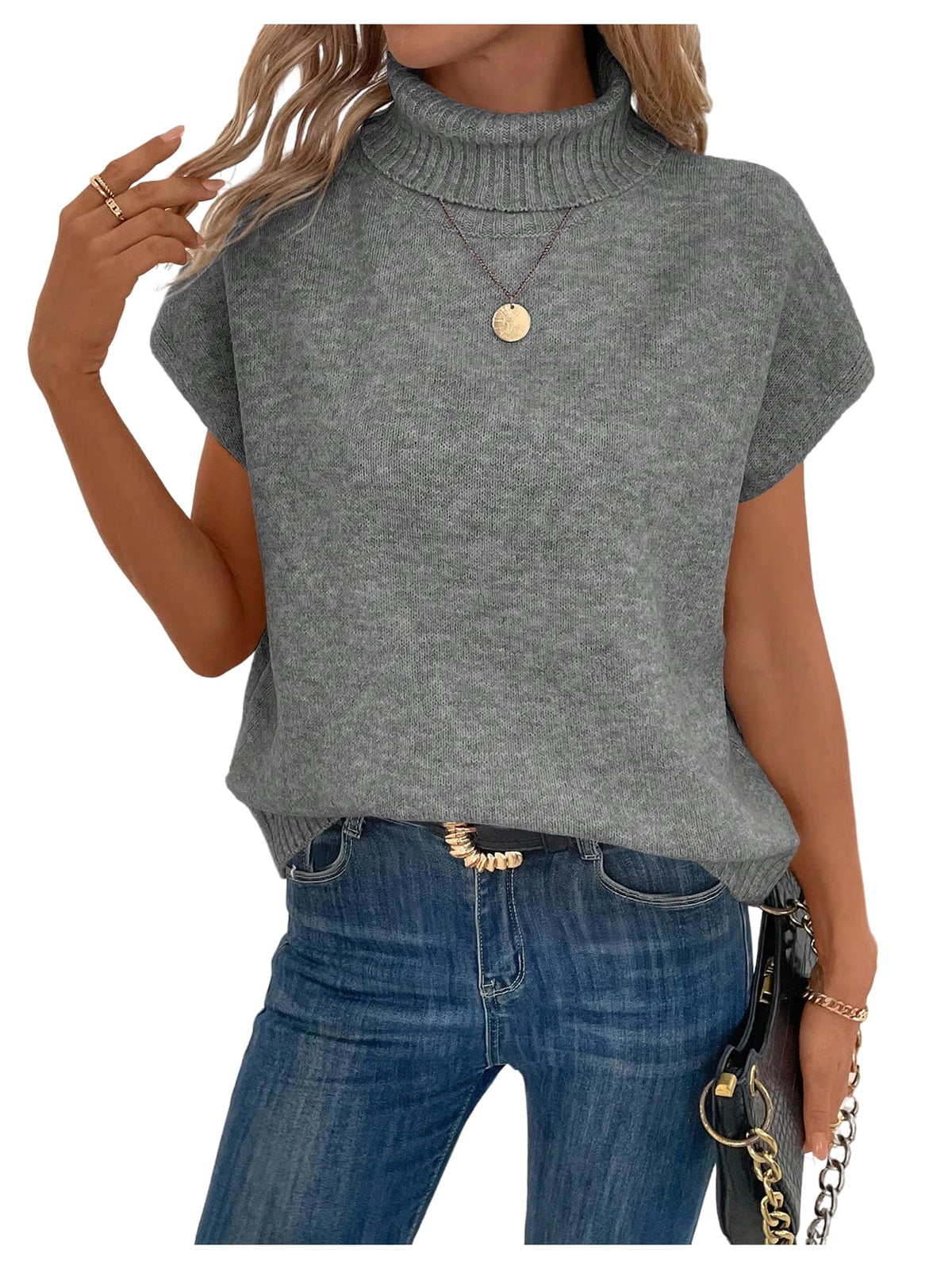 WDIRARA Women's Turtleneck Cap Sleeve Sweater Vest Pullover Knitted Top Loose Oversized Knitwear