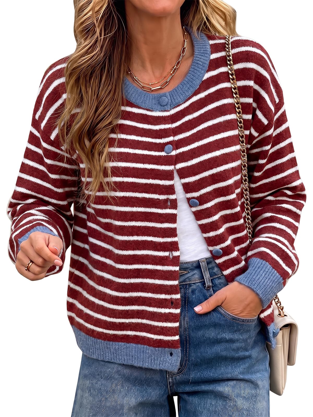 Cicy Bell Women Striped Cardigan Sweater Button Down Crewneck Knitwear