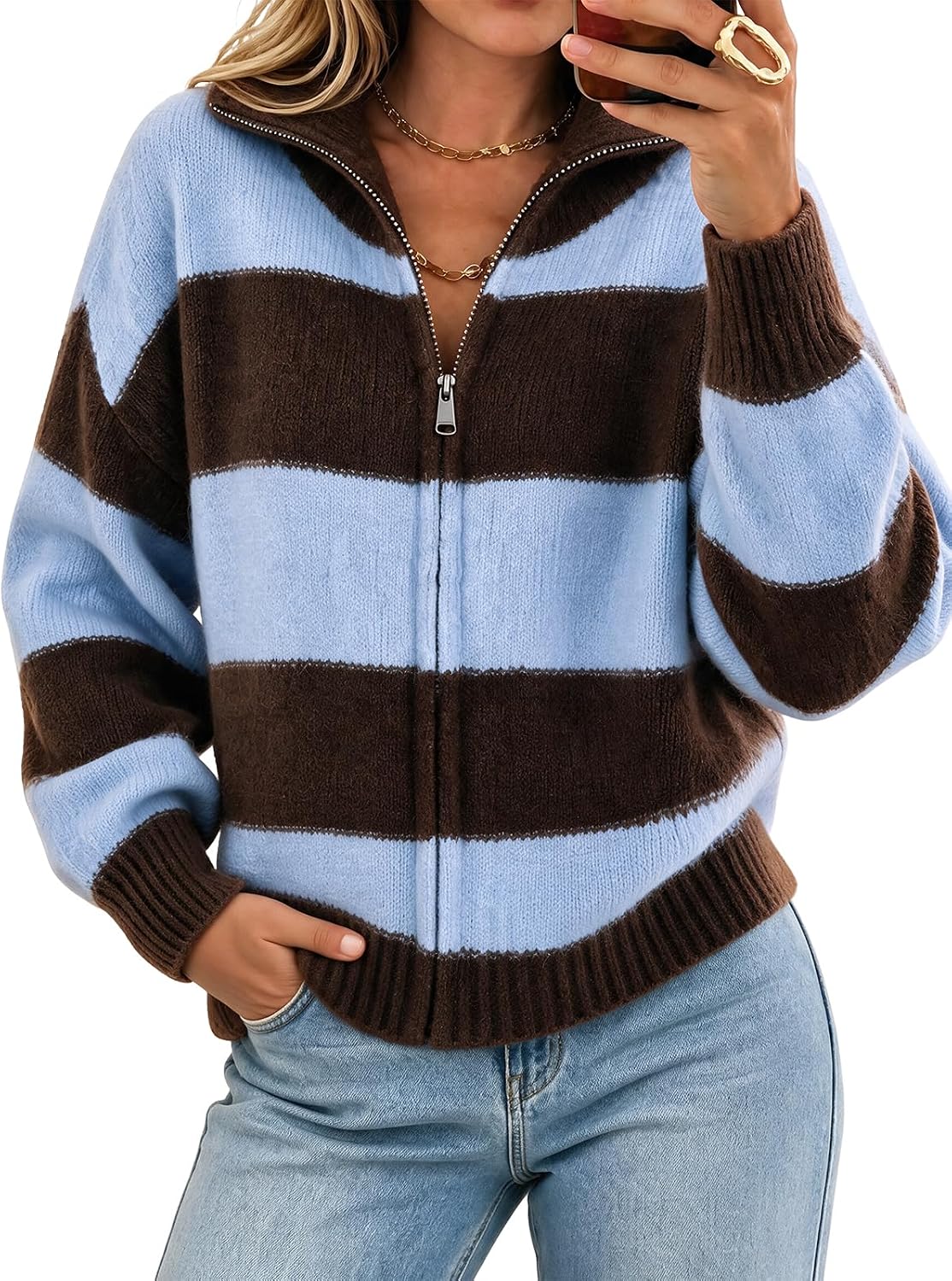 Cicy Bell Women Striped Color Block Cardigan Zip Long Sleeve Knit Sweater