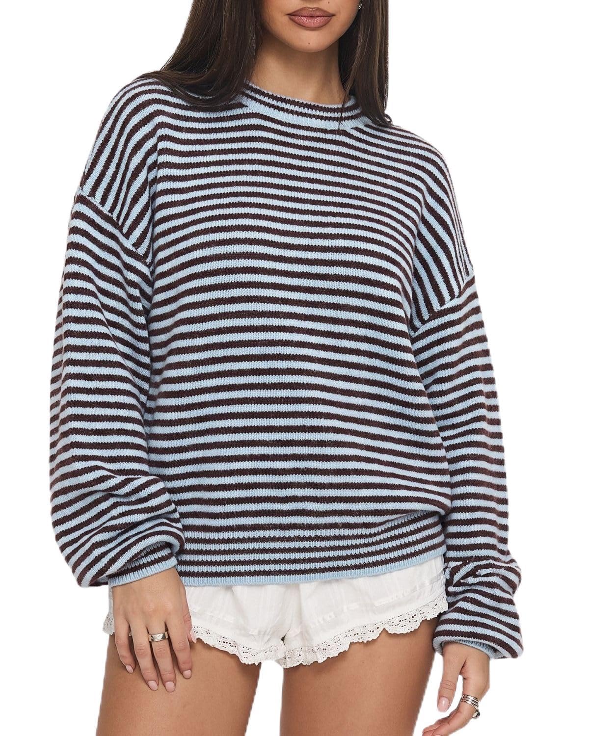 QINSEN Women's Crewneck Oversized Sweater Striped Long Sleeve Pullover Top