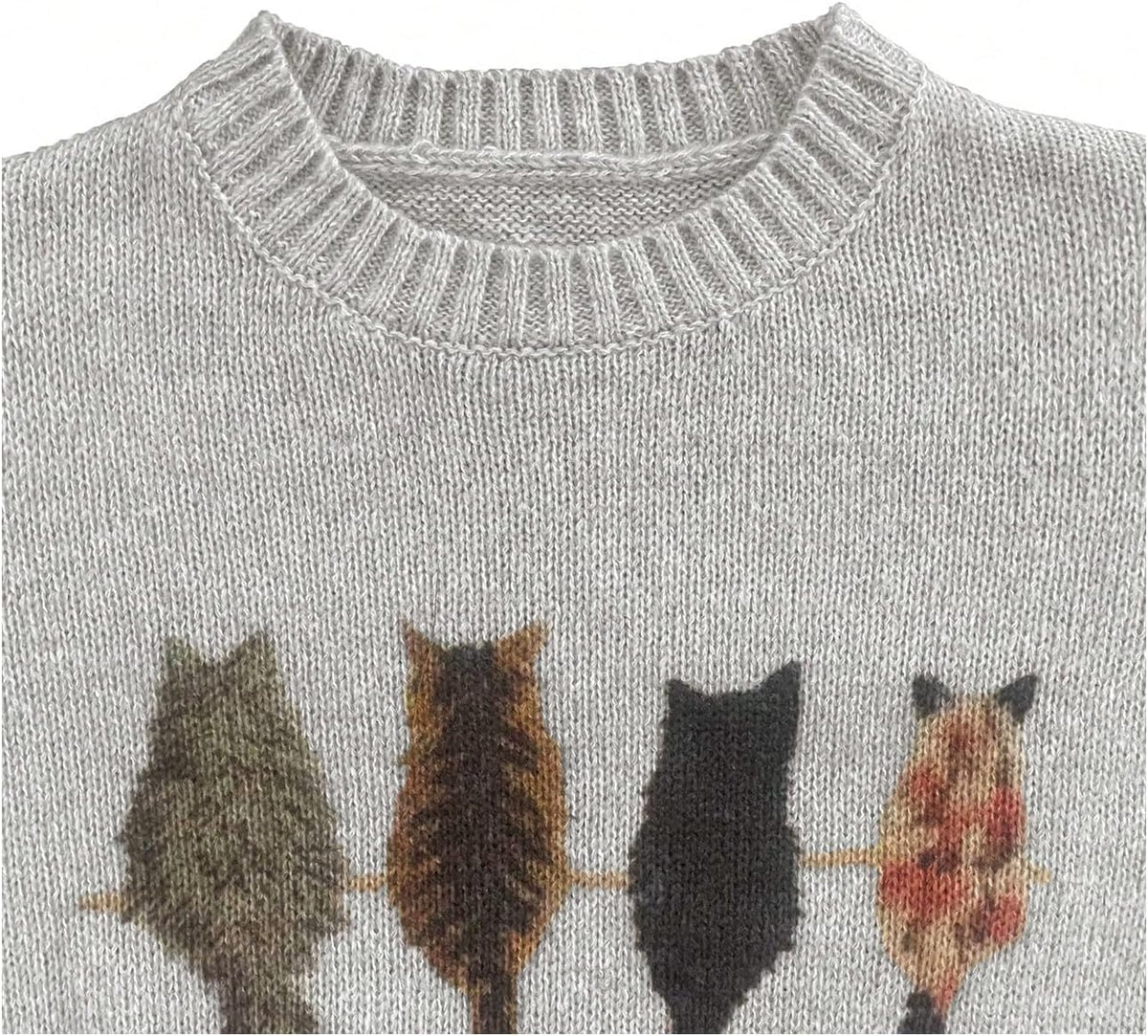 WDIRARA Women's Cat Graphic Sweater Long Sleeve Crew Neck Knit Tops