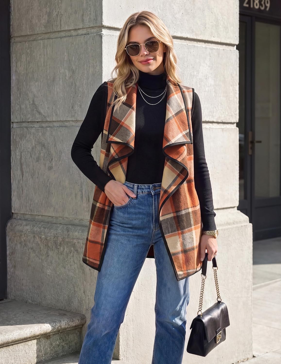 Zeagoo Women Vest Long Plaid Jackets Sleeveless Flannel Coats with Pockets