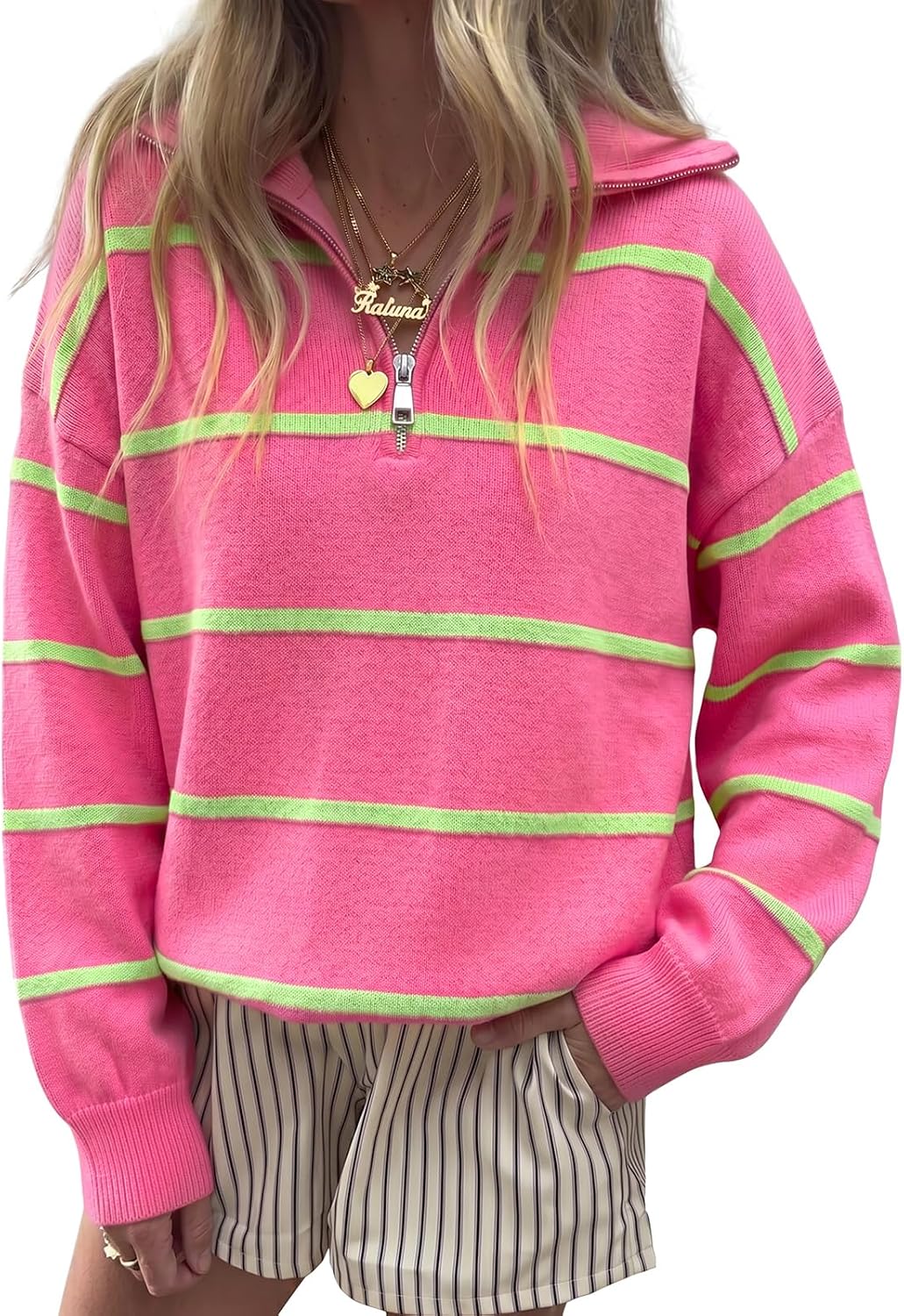 Fisoew Womens Quarter Zip Striped Sweater Oversized Turtleneck Pullover Top