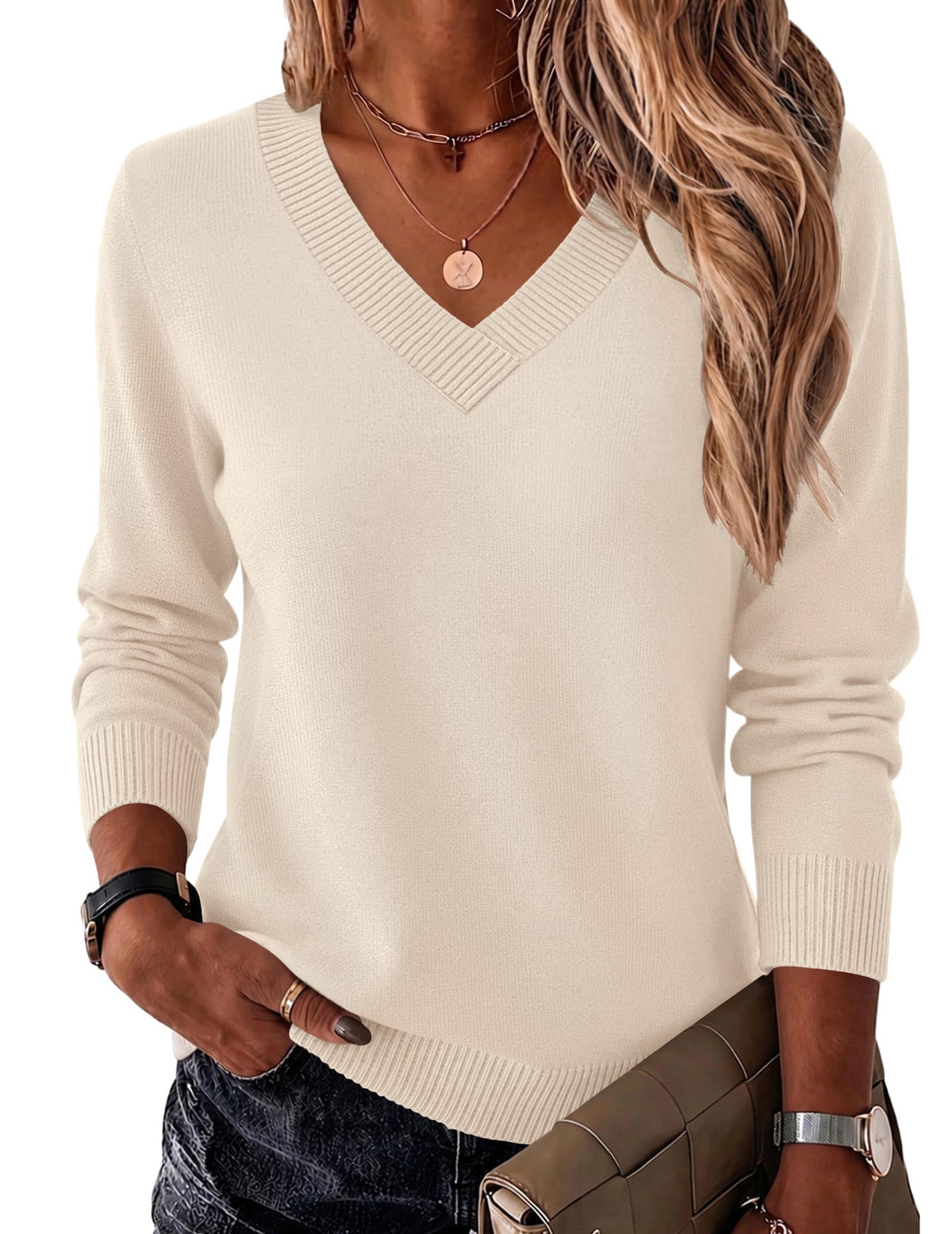 Zeagoo Womens V Neck Sweaters Long Sleeve Tops Lightweight Fall Clothes